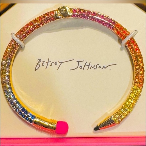 BETSEY JOHNSON Back to School Multi-Color Rhinestone Hinged Pencil Bracelet NWT - Picture 1 of 7